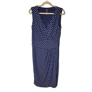 Chaps Blue Polka Dot Faux Wrap Bust Wide Waistband Sleeveless Midi Dress Large